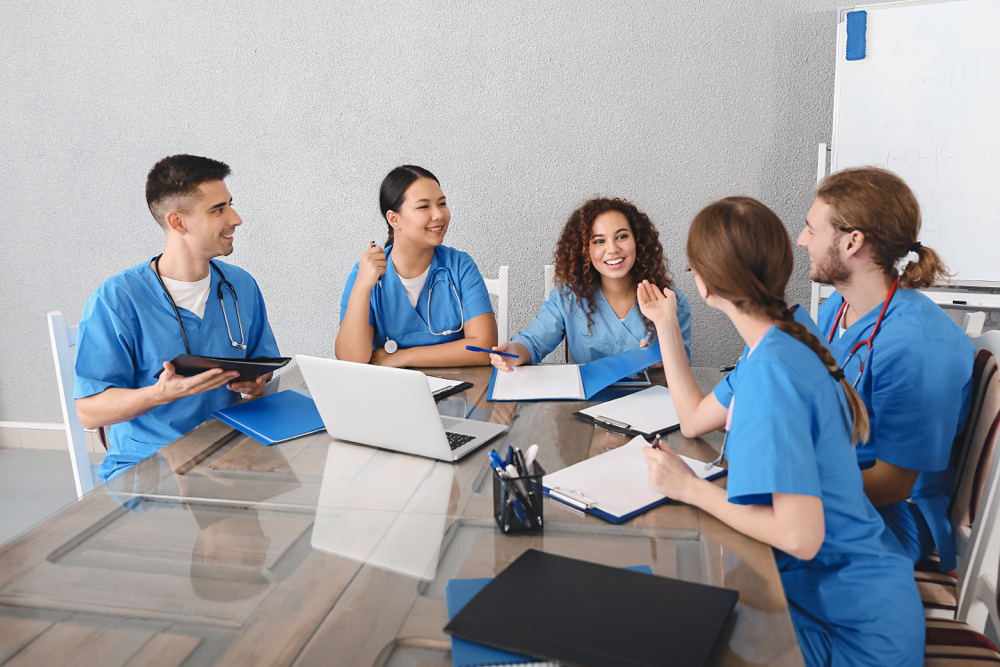 A group of student nurses studying for the NCLEX